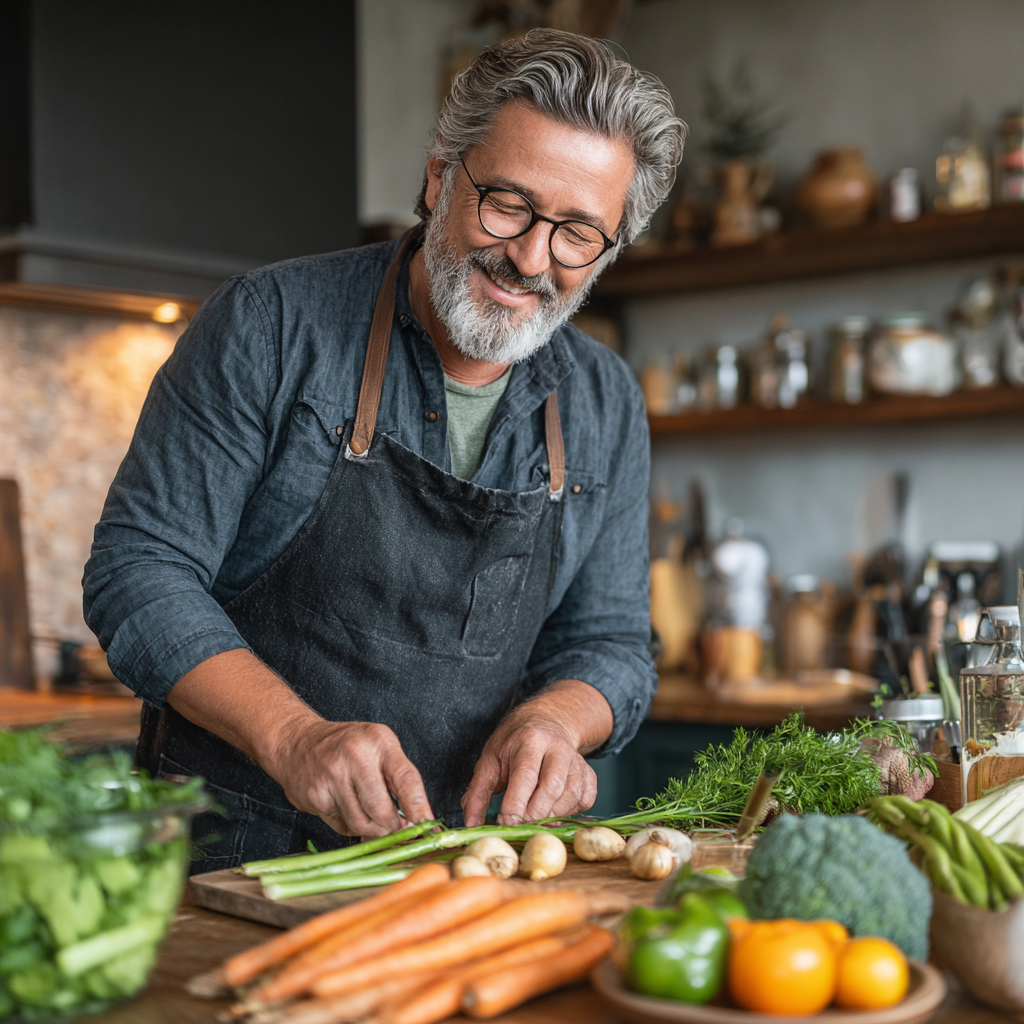 Confident mature man in his early fifties preparing healthy meal in modern kitchen, showing satisfaction with nutritious cooking