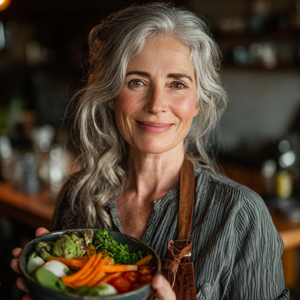 Smiling mature woman in her fifties with gray hair holding a colorful salad bowl, representing healthy nutrition for adults over 40